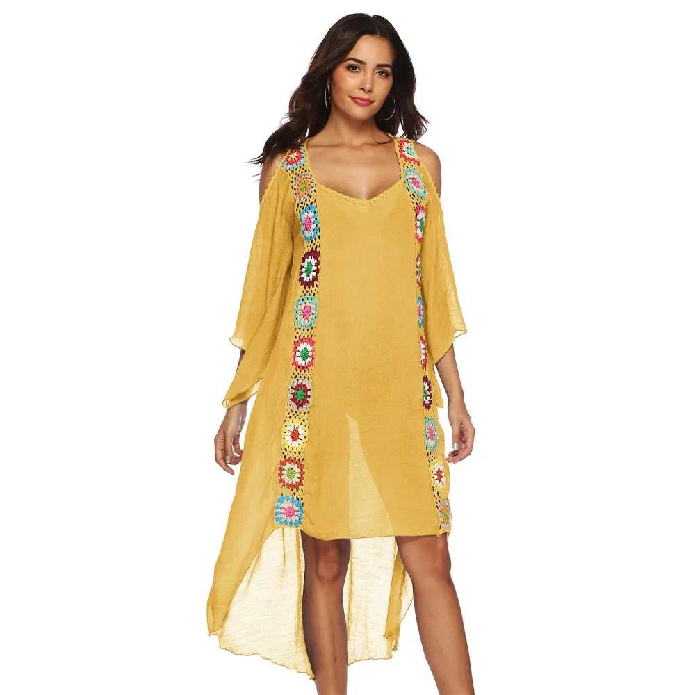 Robe tunique de plage longue en mousseline de soie pour femme, cover-up pour les maillots de bain, kaftan, tenue de plage