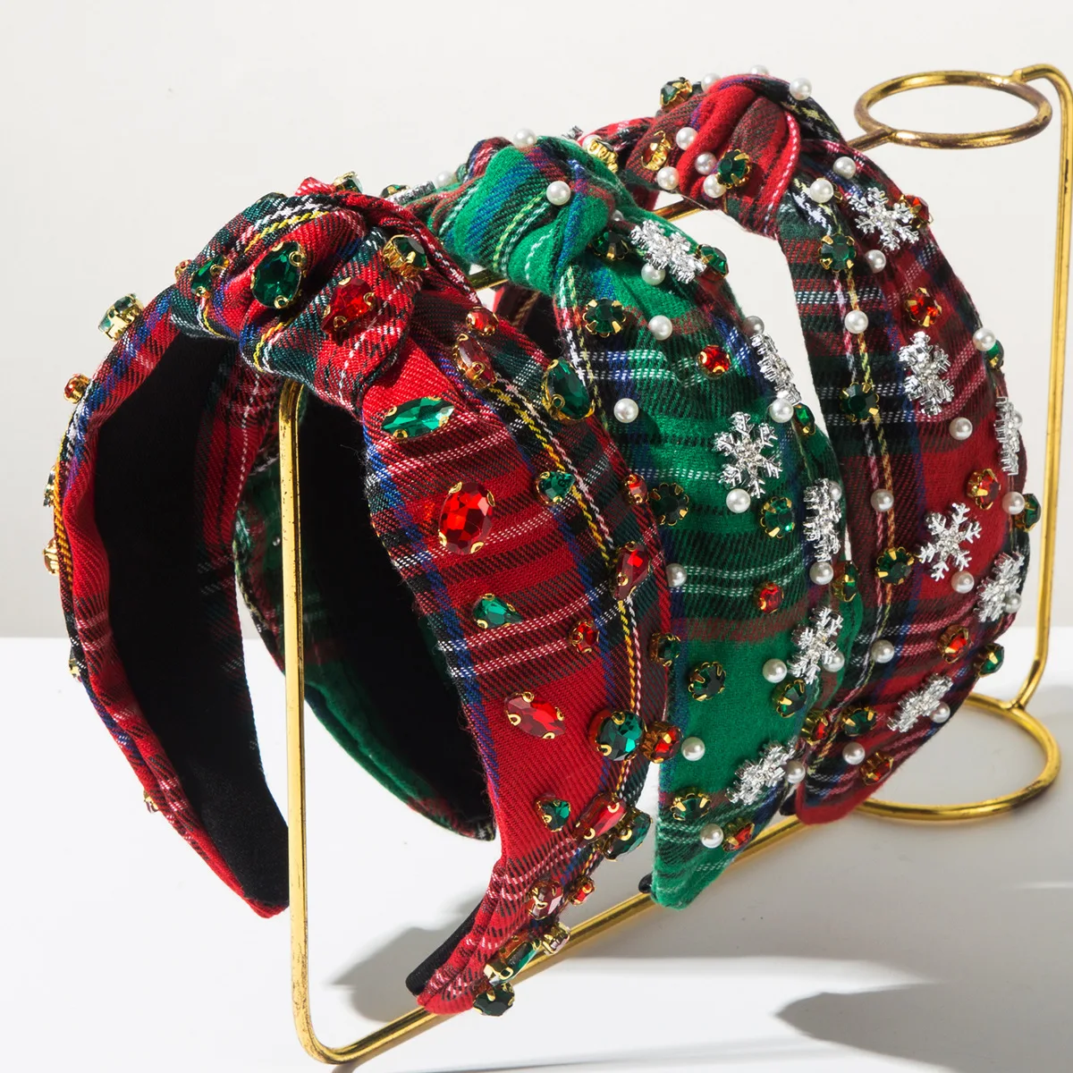 

New Creative Snowflake Fabric Inlaid with Rhinestones and Pearls Plaid Knot Headband Christmas Holiday Hair Accessory