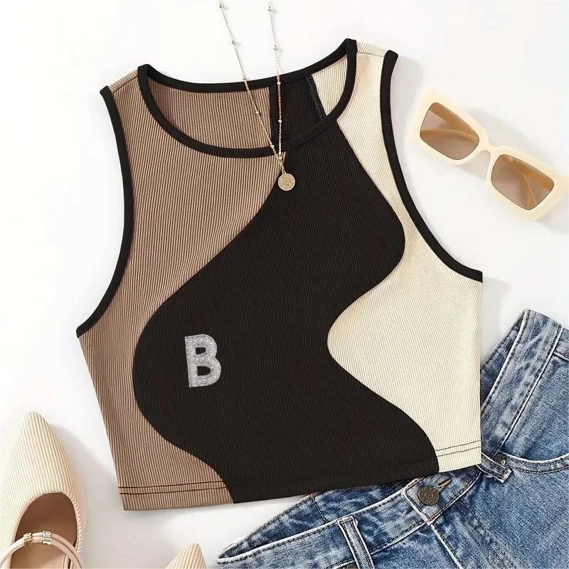 Y2K Clothes Summer Color Block Cut Shirt T-shirt Women's Rib Knit Tricolor Vest O-neck Sleeveless Tops Cute Baby T-shirt