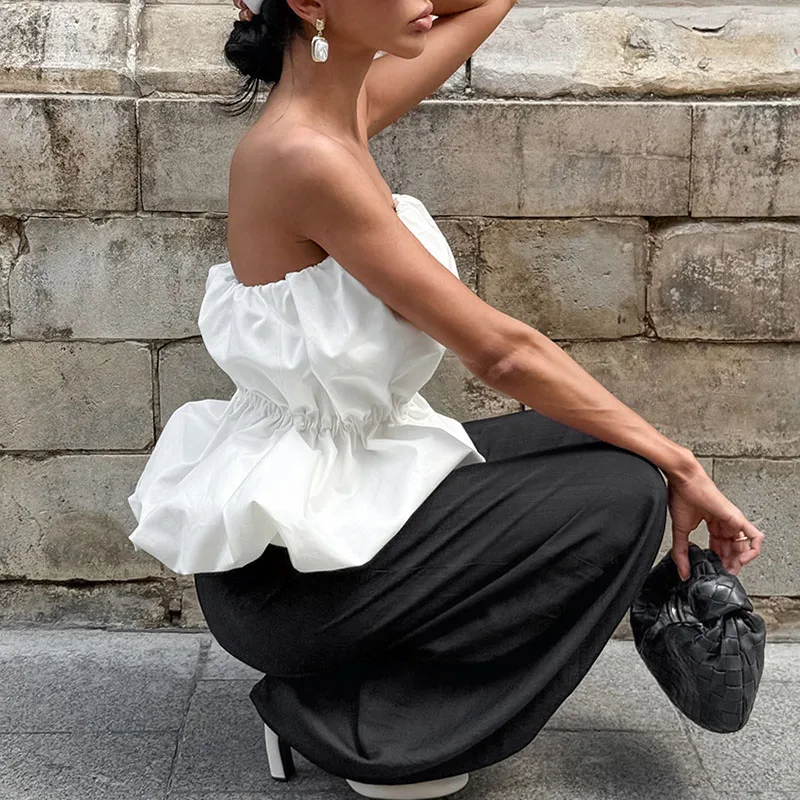 

Летний облегающий топ без рукавов для женщин: сексуальный, однотонный, с рюшами, повседневный, с открытыми плечами, для вечеринок