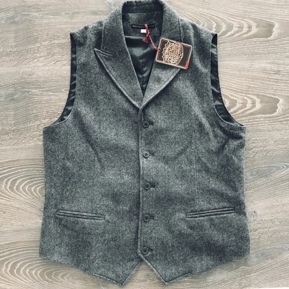 Men's Suit Vest Dark Gray Tailored Collar Wedding Wool Tweed Business Waistcoat Jacket Casual Slim Fit Gilet Steampunk Vest