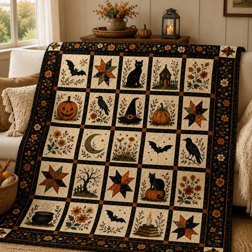Vintage Halloween Patchwork Throw Blanket Fleece Primitive Quilt Style Black Cat Pumpkin Bat Crow Floral Sofa Bed Home Decor
