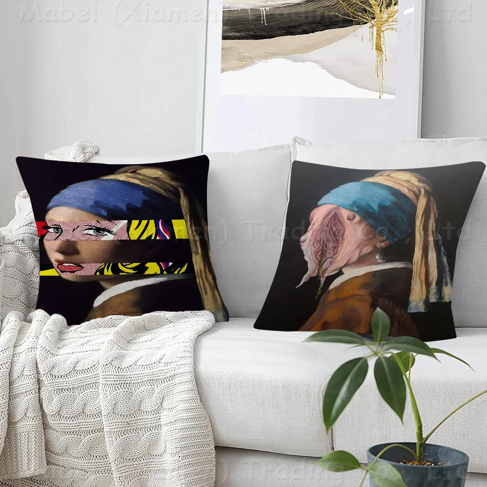 Funny Girl With Pearl Earrings Stitch Lucky Dragon Pillow Cover Sofa Cushion Cover Home Room Decoration Children Gift