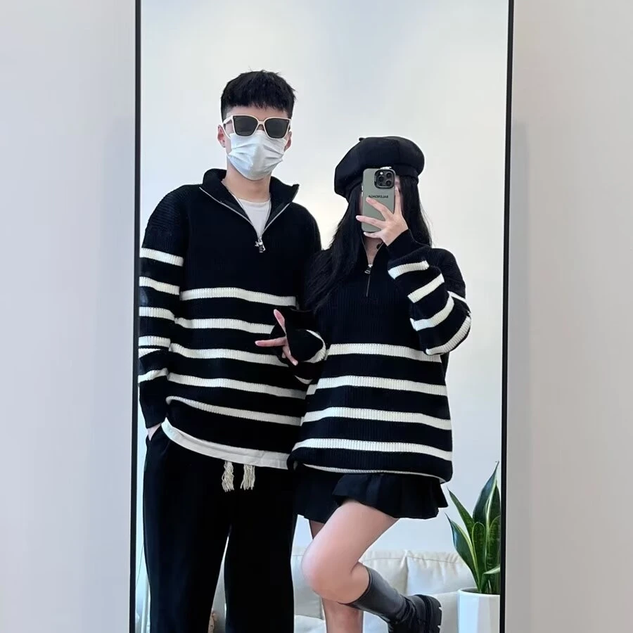 

Casual Zipper Knitwear Men's Striped Sweater High Collar Large Size Autumn Winter Faion Leisure Top Trendy Baseball Collar