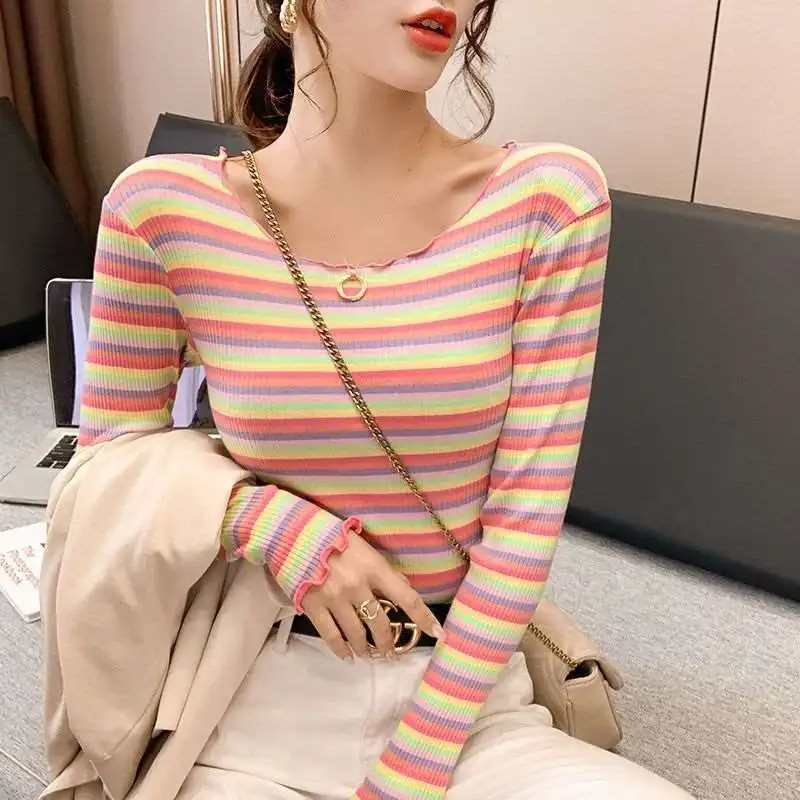 

Women's Cotton Long Sve Striped Base irt New S round Ne Lace irt Spring Faion Ladies Premium Quali Top