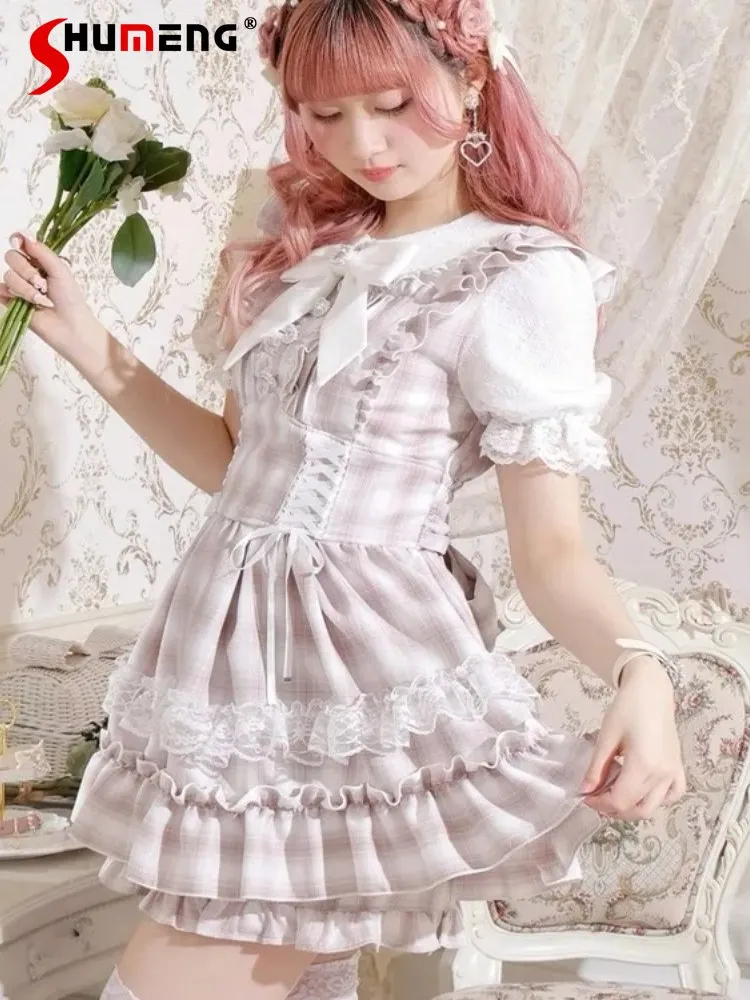

Japanese Mines Style Round Neck Bow Heart Diamond Buckle Lace Splicing Plaid Dress Elastic High Waist Shorts Two-piece Set Women