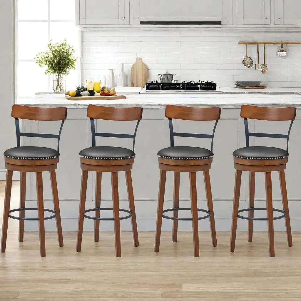 Ergomaster Bar Stools Set Of 4 Swivel Bar Height Bar Stools For Kitchen Island, Pu Leather Upholstered Barstools With Back &