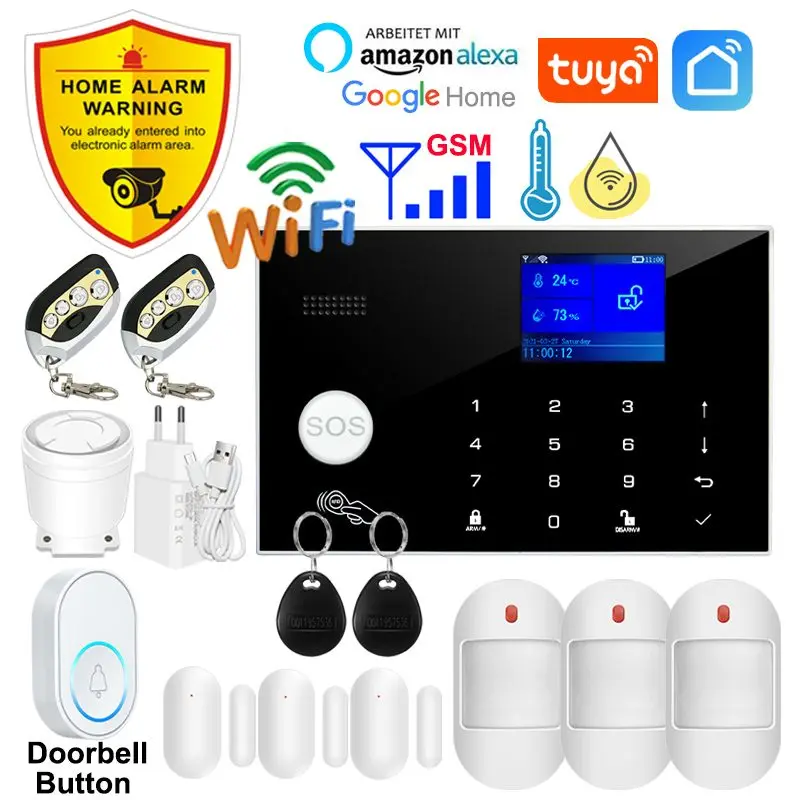 Tuya Smart Home Wifi GSM Burglar Alarm System APP Control 433MHz Wireless Door Water Sensor PIR Motion Carbon Monoxide Detector