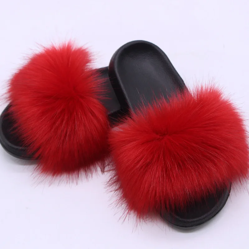 Damen Kunstfell-Slipper Flauschige Offene Pantoffeln für Drinnen und Draußen Lässige Flache Sandalen Luxuriöse Pelzige Slides für Damen – Detail 15