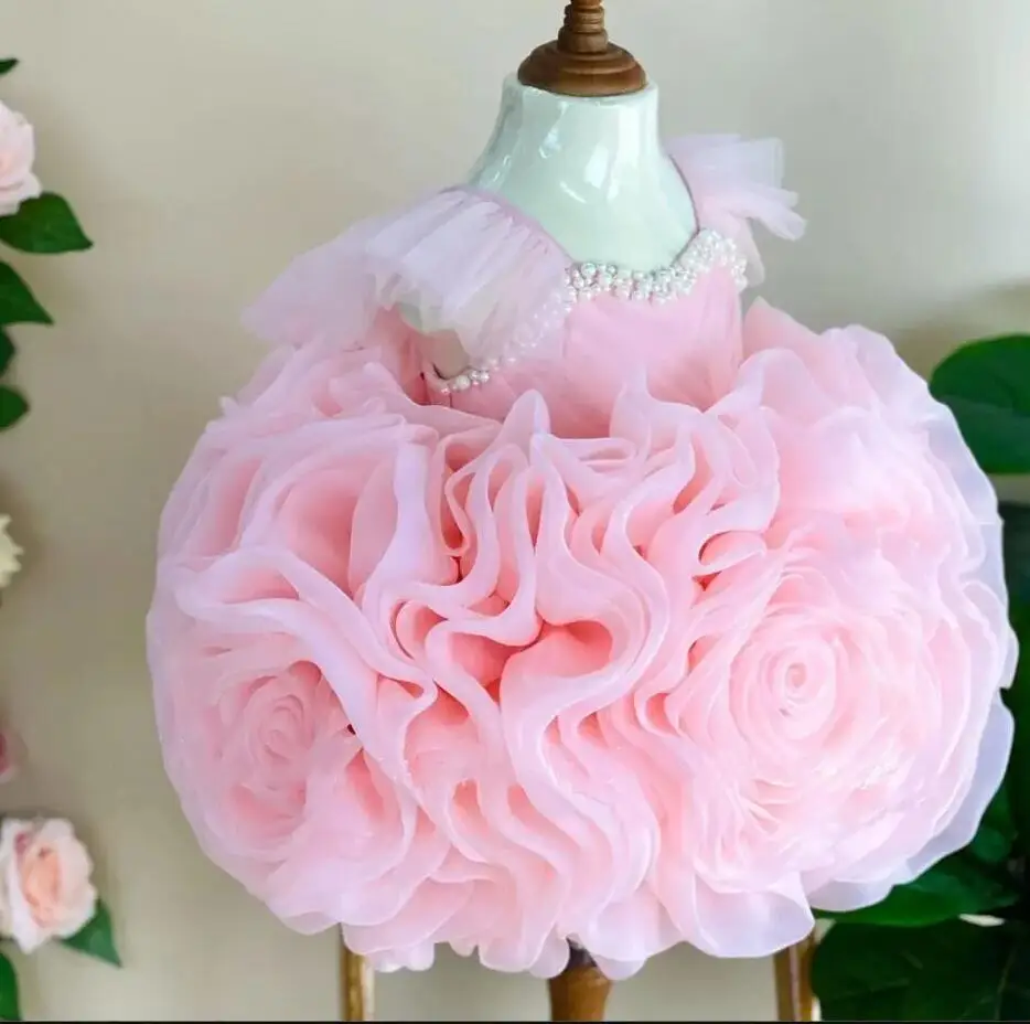 

Cute Pink Flower Girl Dresses Puffy Baby Girl Kids First Birthday Party Gown Special Occasion Infant Size 6M 9M 12M 18M 24M