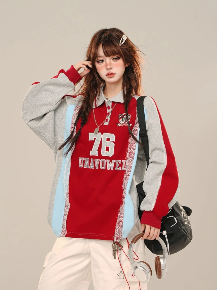 

American Streetwear Lace Letter Oversized Hoodie Women New Polo Collar Long-sleeved Sports Style Loose Casual Sweatshirt Tops