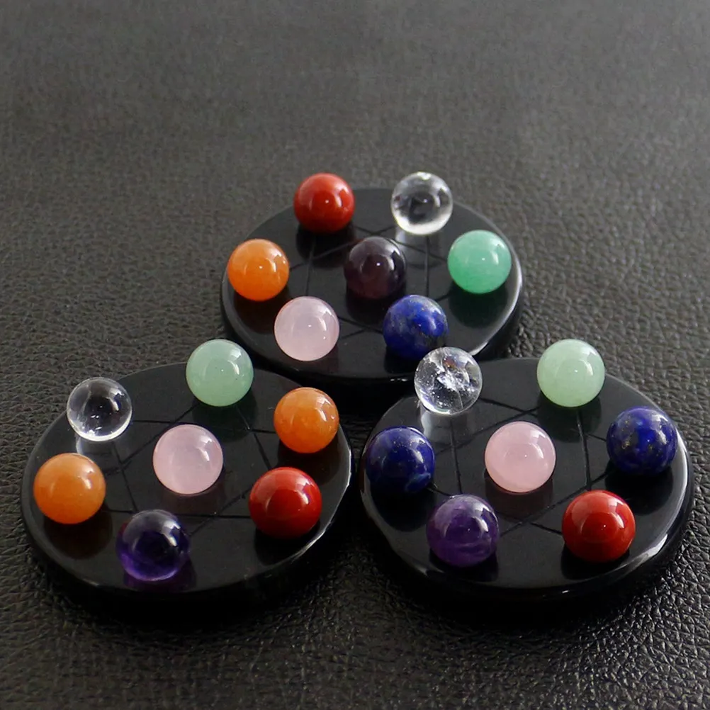 7 Chakra Gemstone Ball Sphere Set Obsidian Heart Chakra Hexagram Stand Healing Crystals Stress Relief Fengshui