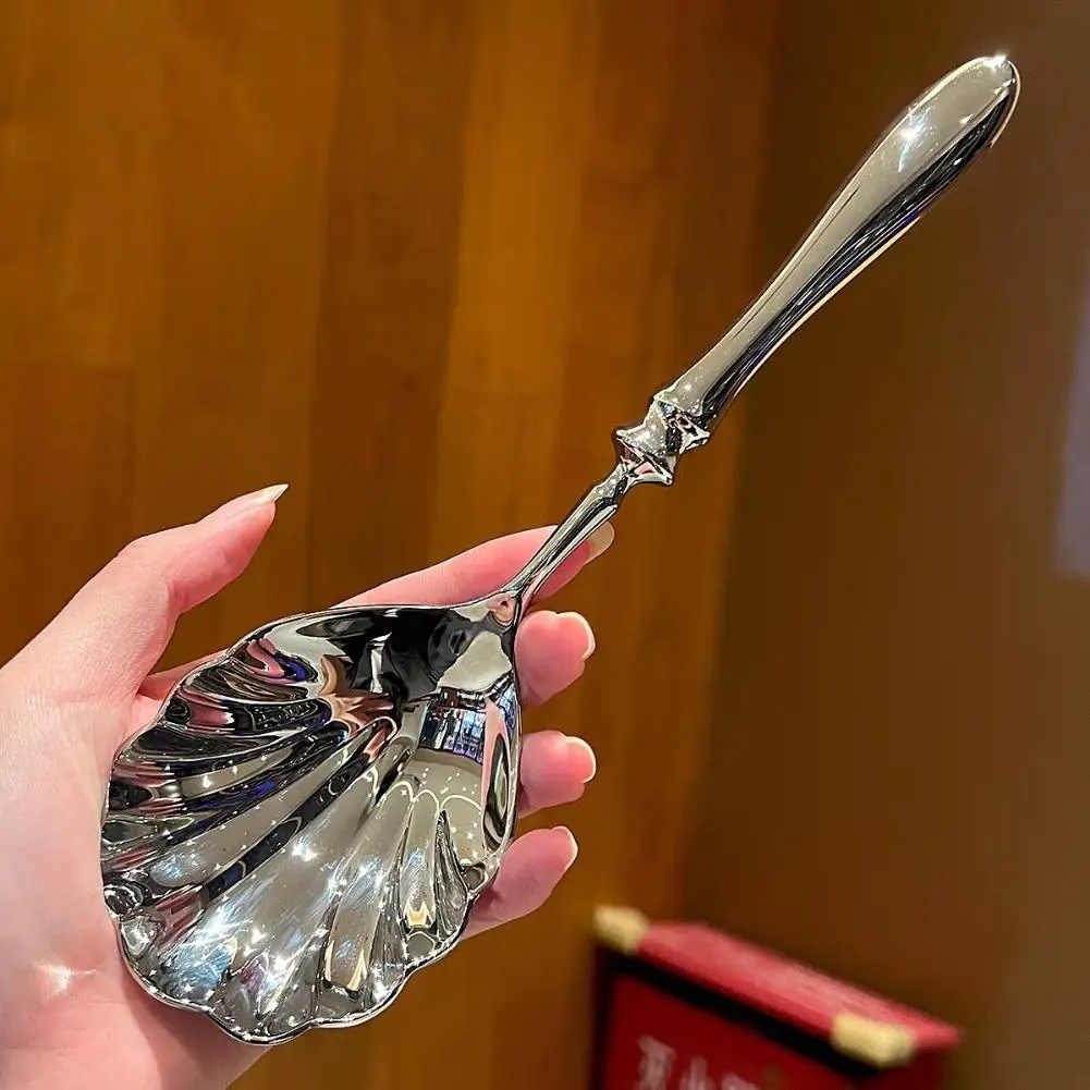 Shell Shape Spoon Stainless Steel Serving Spoon with Ergonomic Handle Vintage Scalloped Tea Spoons for Dessert Cake Ice Cream