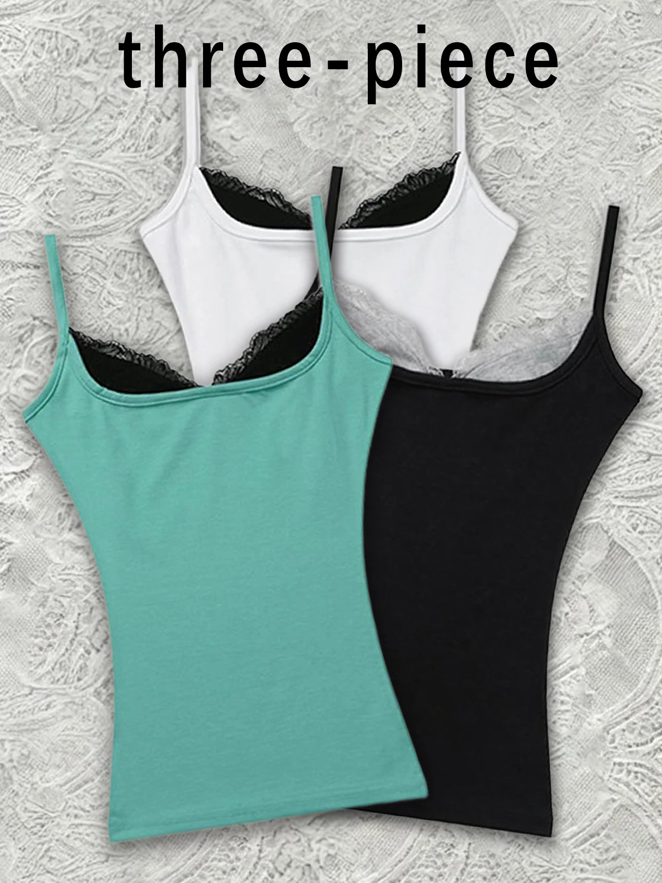 Trendy 3 Pack Lace Neckline Camisole Women Slim Fit Spaghetti Strap Tank Tops Punk Cross Letter Print Streetwear Sleeveless Tops
