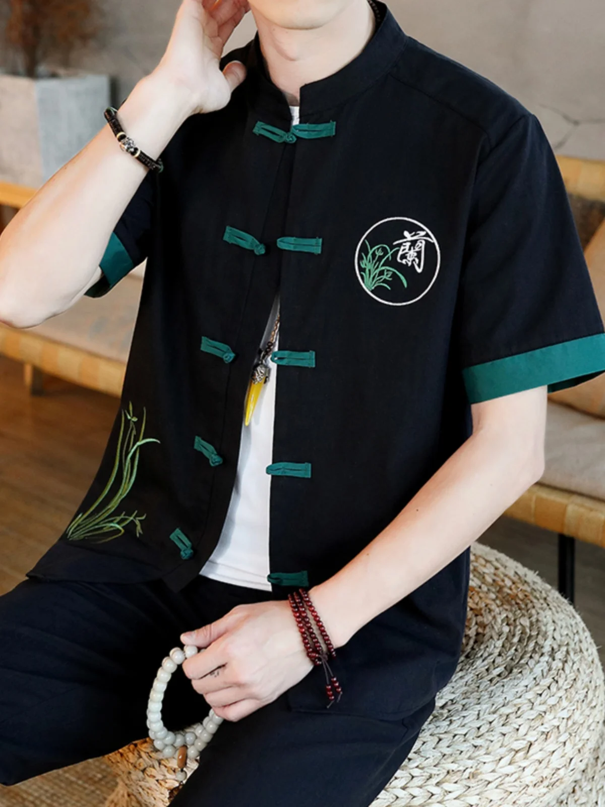 

Мужской летний тонкий комплект из двух предметов: футболка с коротким рукавом и брюки 7/8, 100% хлопок, модный китайский стиль, трендовый наряд