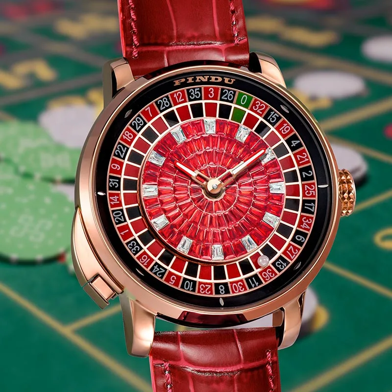 PINDU المألوف والنبيلة الأحمر الأعلى الرجال ساعة ميكانيكية NH35 زر القمار الجدول لعبة الروليت الساعات مؤشر ساعة الياقوت