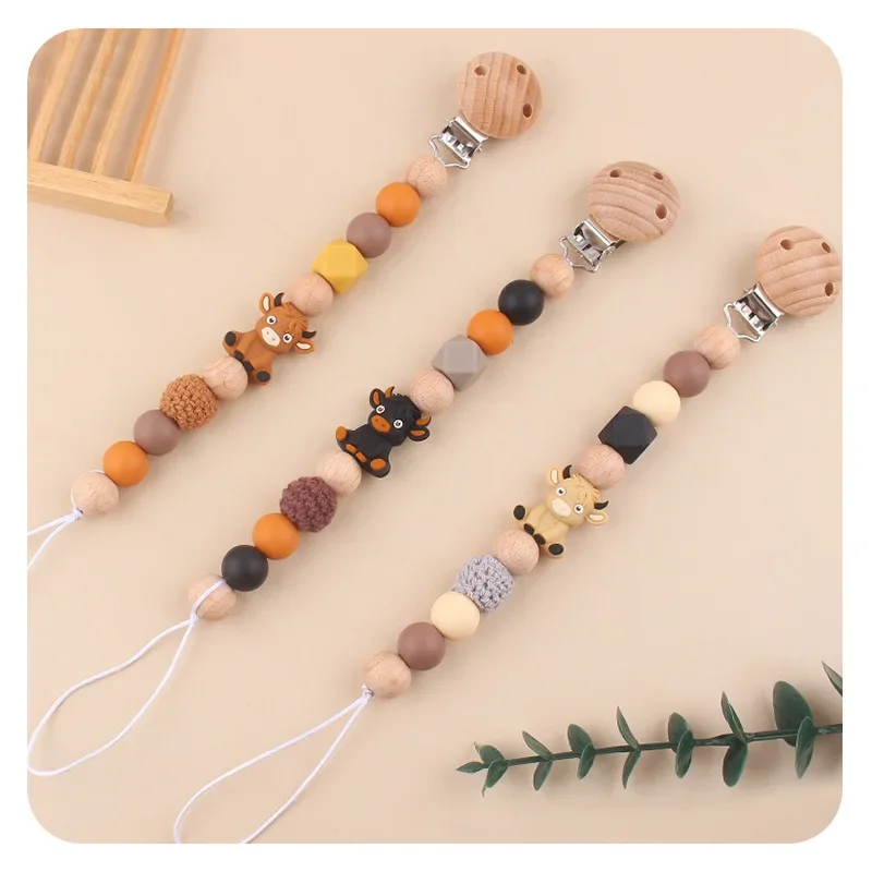 Kissteether Wooden Felt Ball Baby Pacifier Chain Beech Soother Nipple Clips For Silicone Beaded Dummy Holder Chain Care Chew Toy