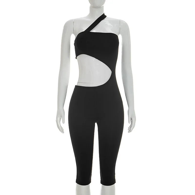Combinaison moulante asymétrique à une épaule, sans bretelles, longueur mollet, sexy, sans manches, dos nu, coupe ajustée aux hanches, pour femme