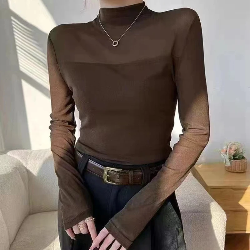 Women Half High Collar Long Sleeves T-shirt Lady Top Autumn/Winter Fashion Commute Mesh Spliced Elastic Pullover Female Clothes