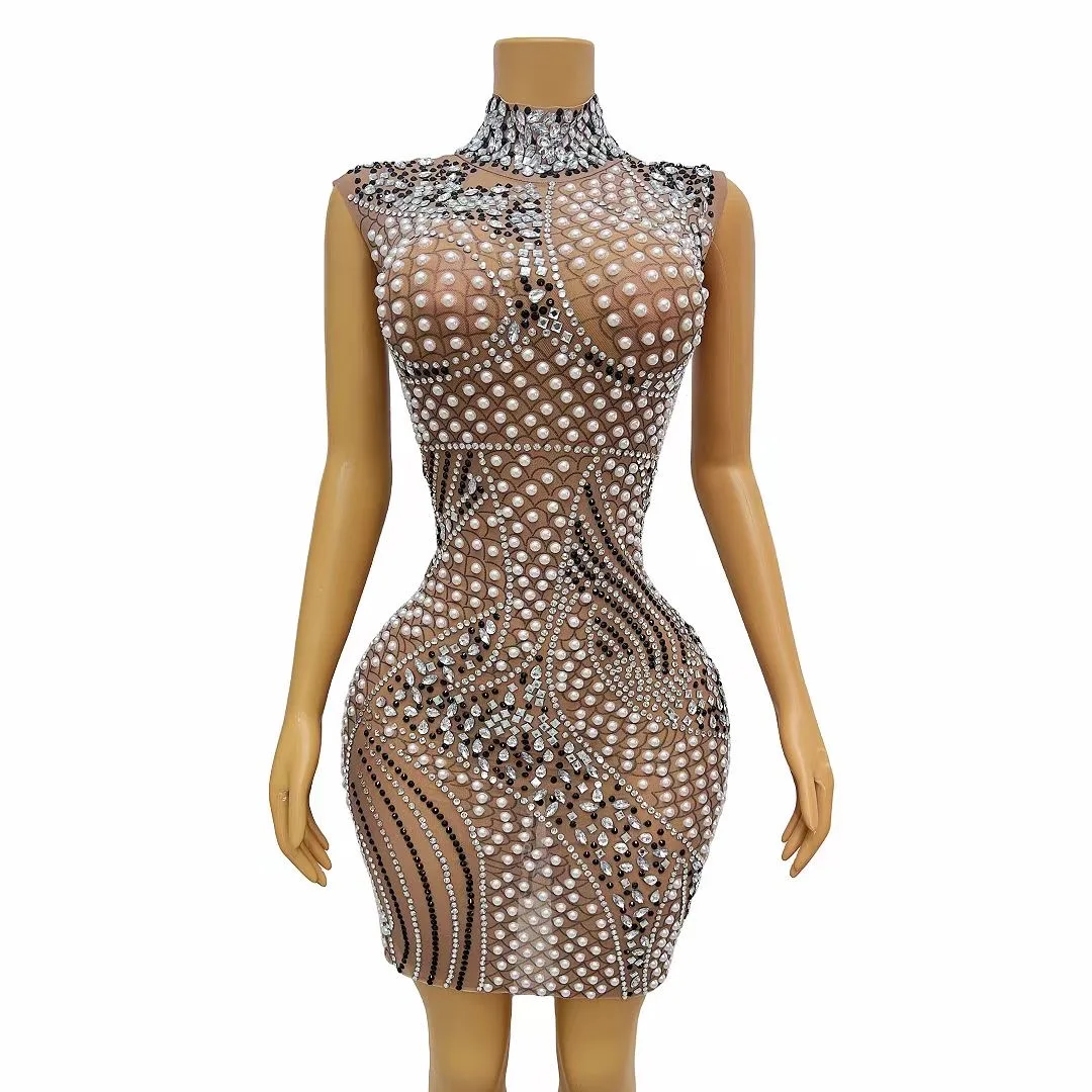 

Sexy Pearls Silver Black Rhinestones Nude Mesh Dress See Through Costume Singer Dance Birthday Celebrate Outfit youhuo