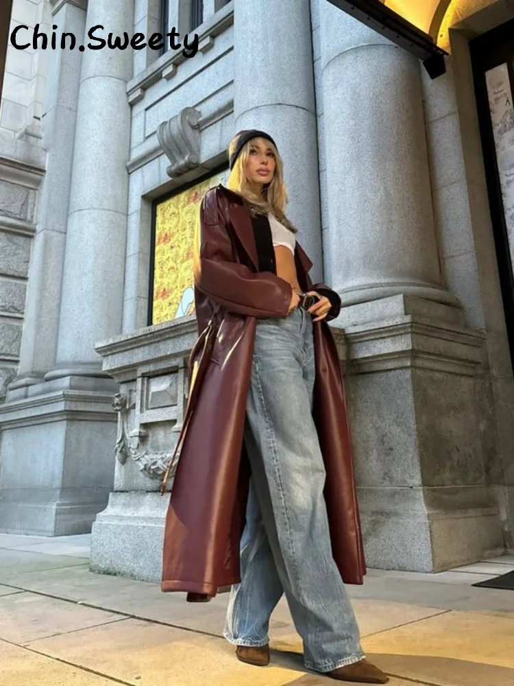

Elegant Lace Up Long Leather Trench Coat Women Loose Lapel Long Sleeve Double Single Breasted Coats 2025 Autumn Lady Outwears