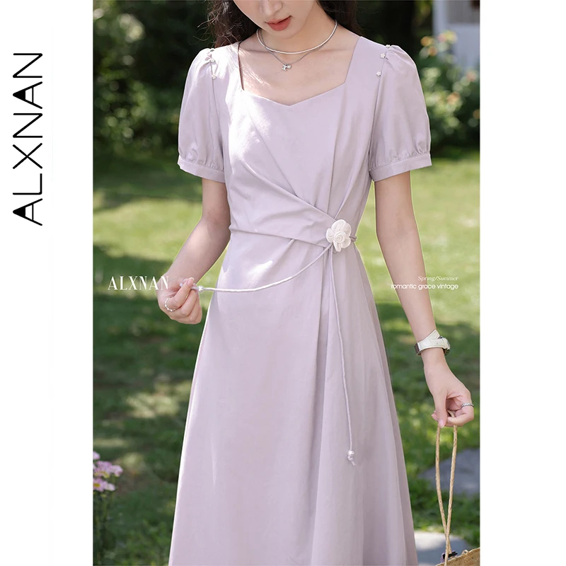 ALXNAN プラスサイズのドレスパープルエレガントなスクエアネックロングパフスリーブホリデー女性のドレスカジュアルパーティーレディース服 D11199