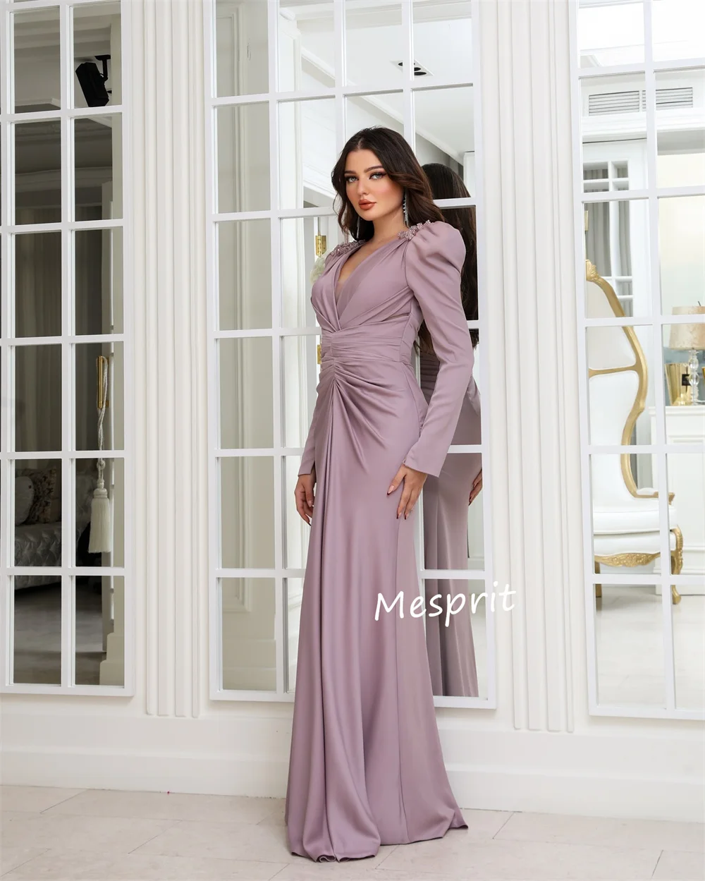 Customized Classic Pleat Sequined Trumpet V-neck Long Dresses Bespoke Occasion Dresses Exquisite High Quality