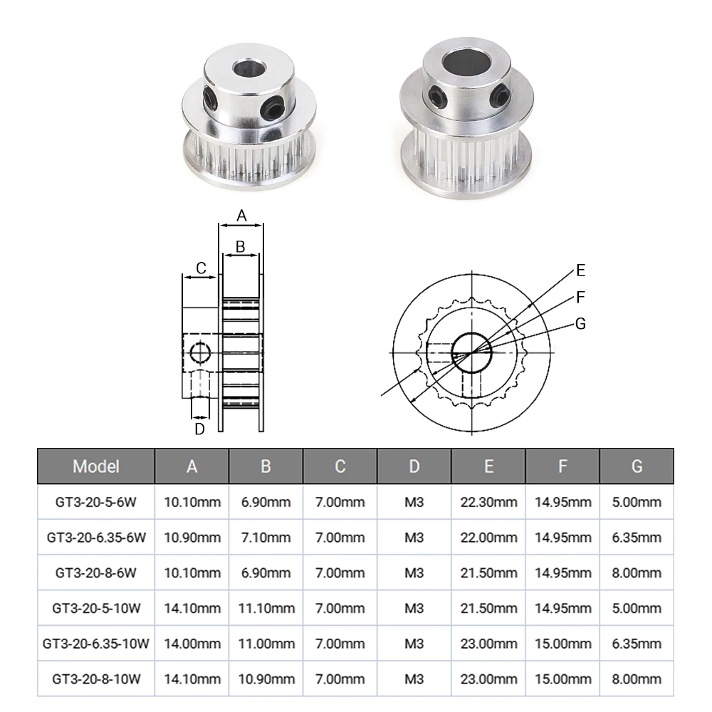 Openbuilds GT3 Timing Pulley 20 teeth Bore 5mm 6.35mm 8mm for width 6mm 10mm 3GT Synchronous Belt Small backlash 20Teeth 3D Part