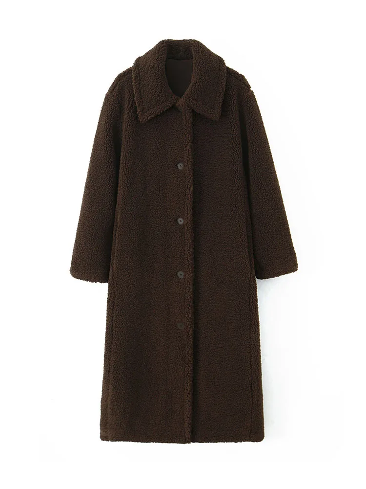 

HH Woman Winter Long Sleeves Single Breasted Pearl Fleece Side Pocket Decoration Overcoat Female Casual Comfortable Long Coat