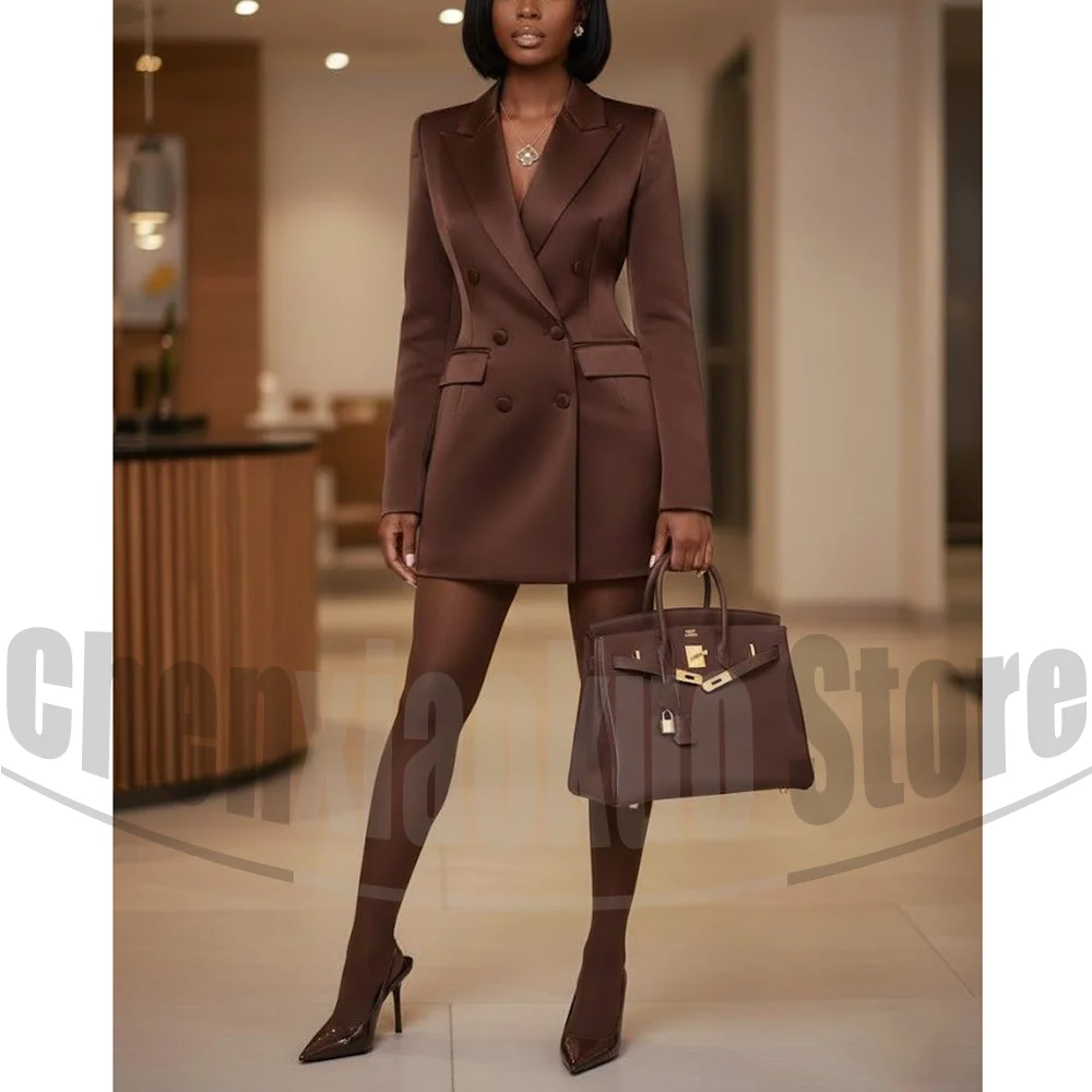 

Brown Satin Women Blazer Double Breasted Long Sleeve Long Coat Peak Lapel Elegant Office Business Party Lady Jacket 1 Piece