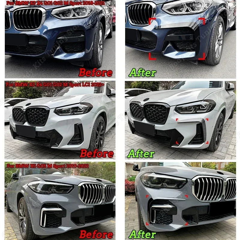 Front Bumper Side Spoiler Lip Splitter For BMW X3 X4 X5 G01 G02 G05 M Sport 2018-2023 Fog Lamp Frames Grille Wind Knife Tuning