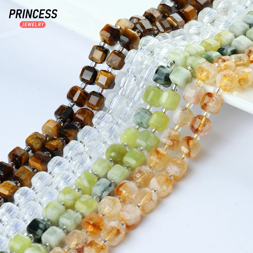 A+ Natural Citrine Sugar Cube Faceted Loose Beads for Jewelry Making White Quartz Yellow Tiger Eye Qinghua Jade