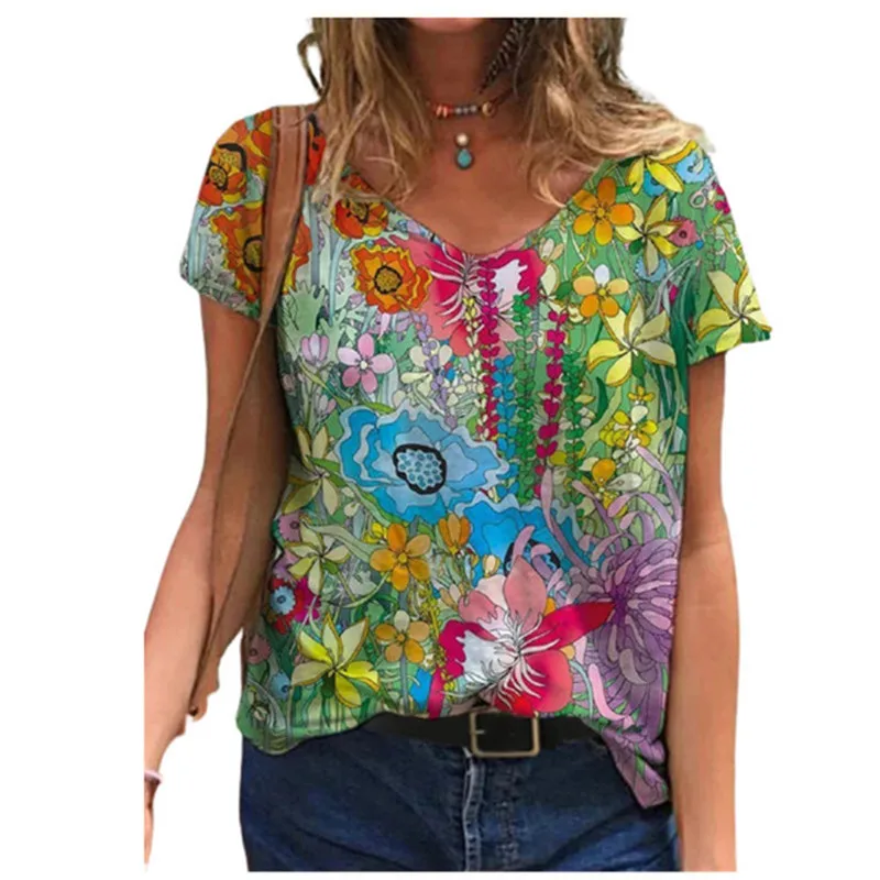 Fashion New Flower Floral 3D Print T-Shirts Women\'s Streetwear V-Neck T Shirt Female Tee Tops Oversized Harajuku Y2k Clothing