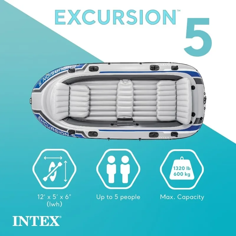 INTEX Excursion Inflatable Boat Series: Includes Deluxe 54in Boat Oars and High-Output Pump – SuperTough PVC – Adjustable