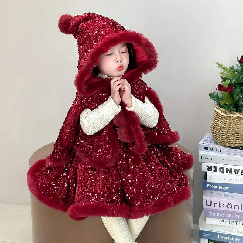 

Baby Girls Red Suits Children 2024 New Autumn Winter Fashion Princess Dress and Coat Two-piece Set European Fashion Style