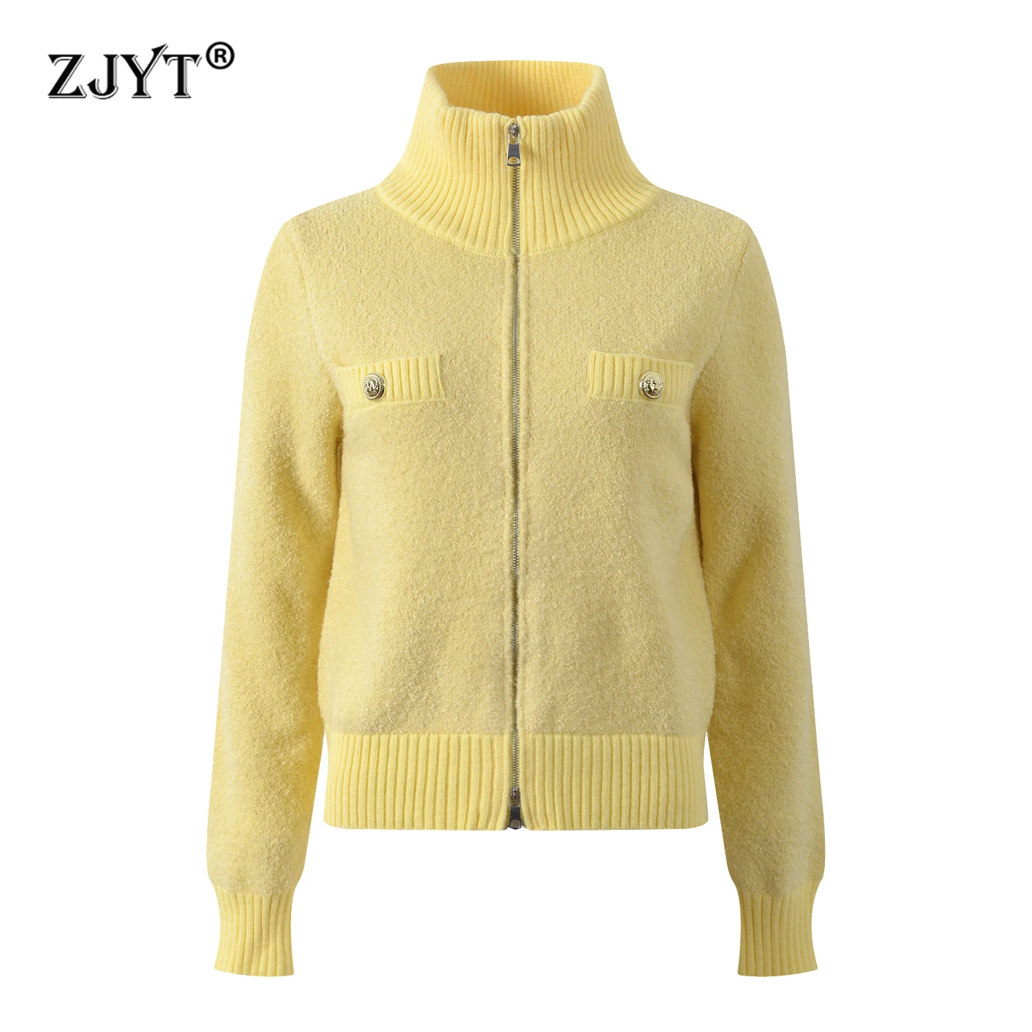 

ZJYT осень-зима кардиганы с воротником-стойкой пальто вязаные свитера для женщин с длинным рукавом на молнии повседневные теплые трикотажные изделия топы Джерси Mujer