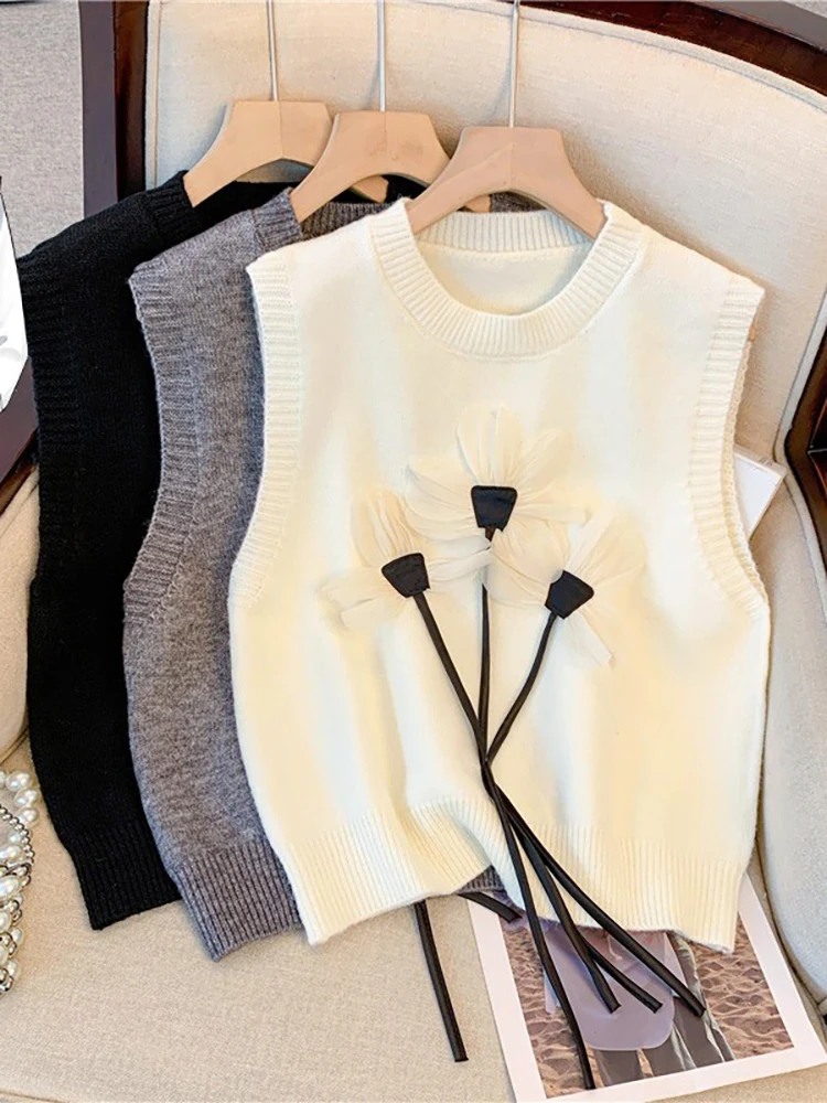 

Ladies Embroidered Oversized Spring Knitted Vest Sleeveless Versatile Outerwear Korean Style Loose Fit round Neck Top