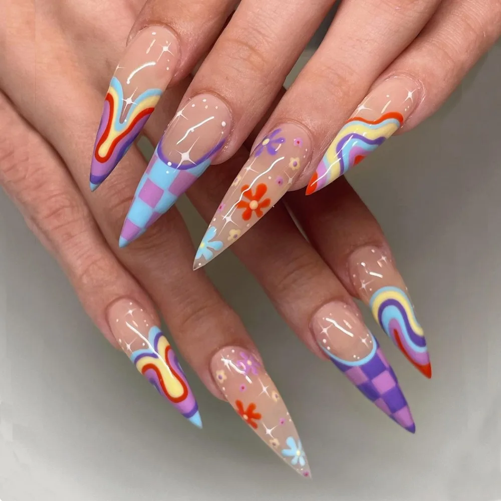 Faux Ongles en Forme d'Amande pour Halloween, Ensemble Complet avec Poignées Amovibles, Ligne Arc-en-ciel, DIY, 24 Pièces