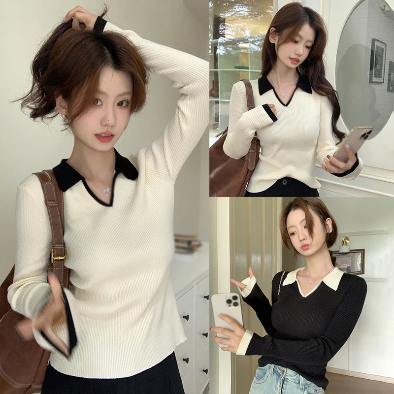 Women\'s Knitted Top Turndown Collar Korean Version Contrasting Colors Casual Fashion Simplicity Knitted Long Sleeves