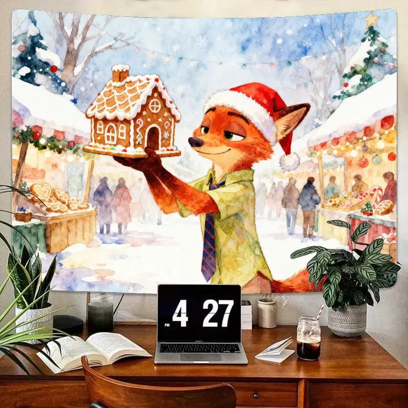 

1PC Nick Wilde Zootopia Christmas Tapestry, Fox in Santa Hat Holding Gingerbread House, Xmas Holiday Market Wall Art Decor