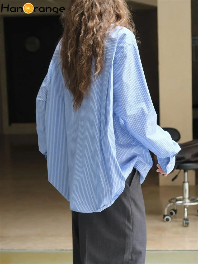 HanOrange 2024 Autumn Fashion Diagonal Button Blue Striped Shirt Women Dry Cotton Comfortable Loose Top