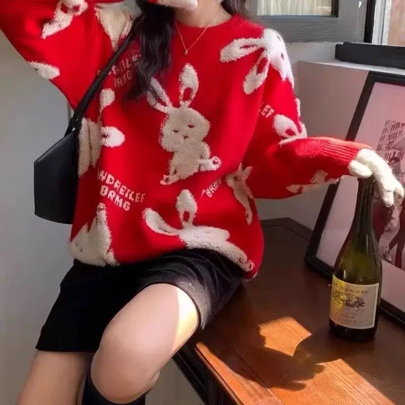 

Rabbit Jacquard Christmas Knitted Sweater for Women Coats Long Sleeve American Cartoon Casual Jacket O Neck Loose Winter Jumpers