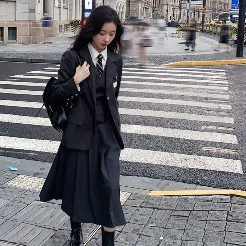 Korean Style2022Autumn Coat women Shirt+Blazer Jacket+Buttonup  Pleated Dress JK Uniform New Three-piece Suit Skirt Lolita Dress