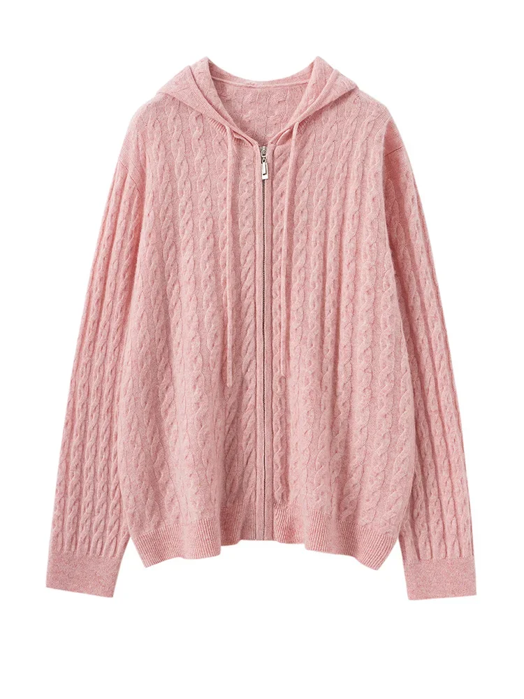 Chic Twisted Knit Sweater 100% Cashmere Cardigan Women's Autumn Winter Luxury Hooded Zipper Casual Loose Coat New Fashion Tops