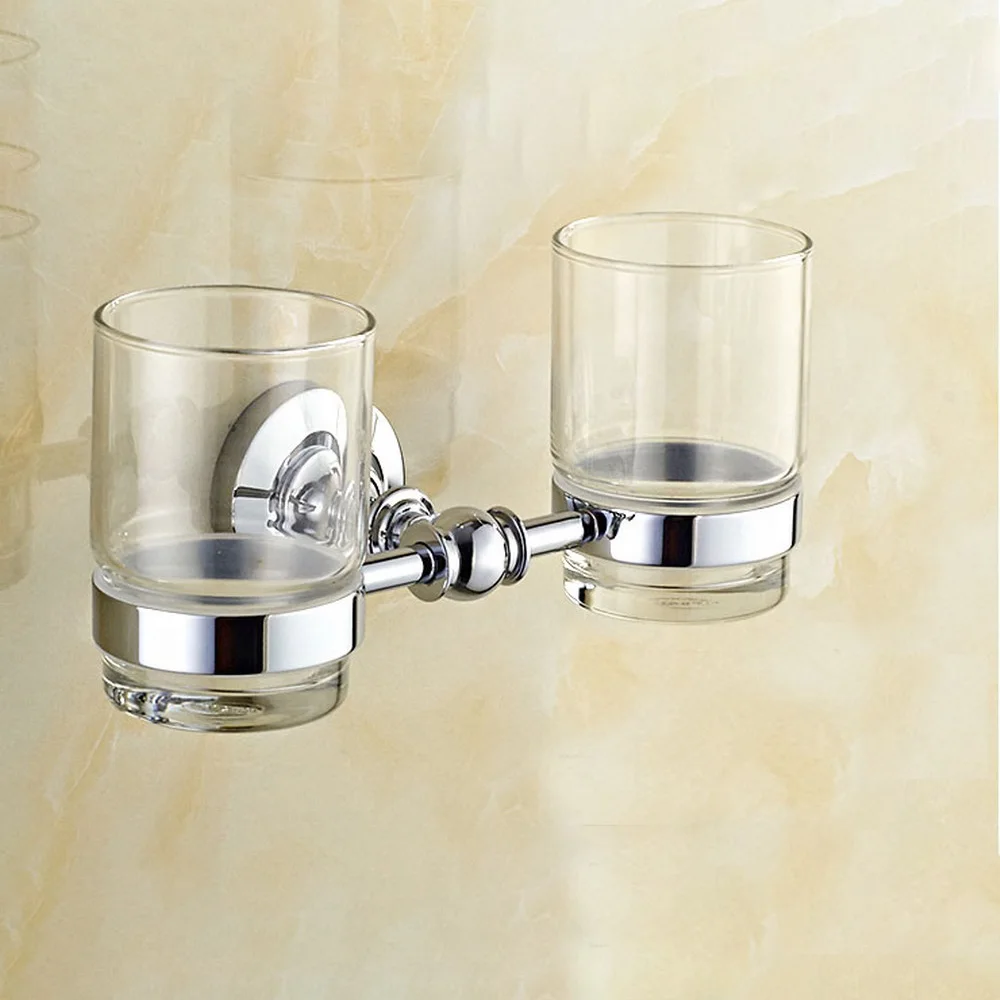 Wall Mounted Polished Chrome Brass Bathroom Toothbrush Holder Set Bathroom Accessory Dual Glass Cups mba807