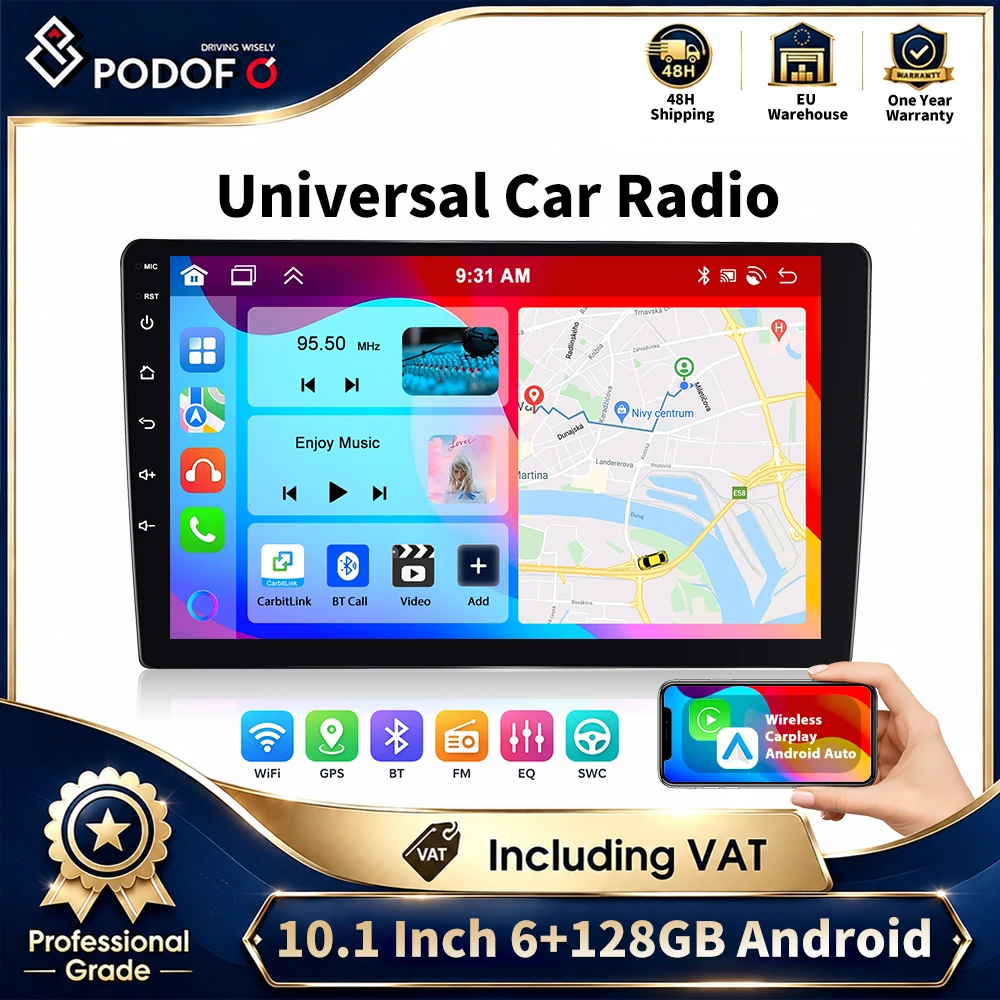 Autoradio Android Podofo, doppio DIN, schermo touchscreen IPS HD da 10 pollici, risoluzione 1080P, 6 GB di RAM + 128 GB di memoria, DSP, navigazione GPS, WiFi, Bluetooth, FM, USB, lettore MP5, CarPlay