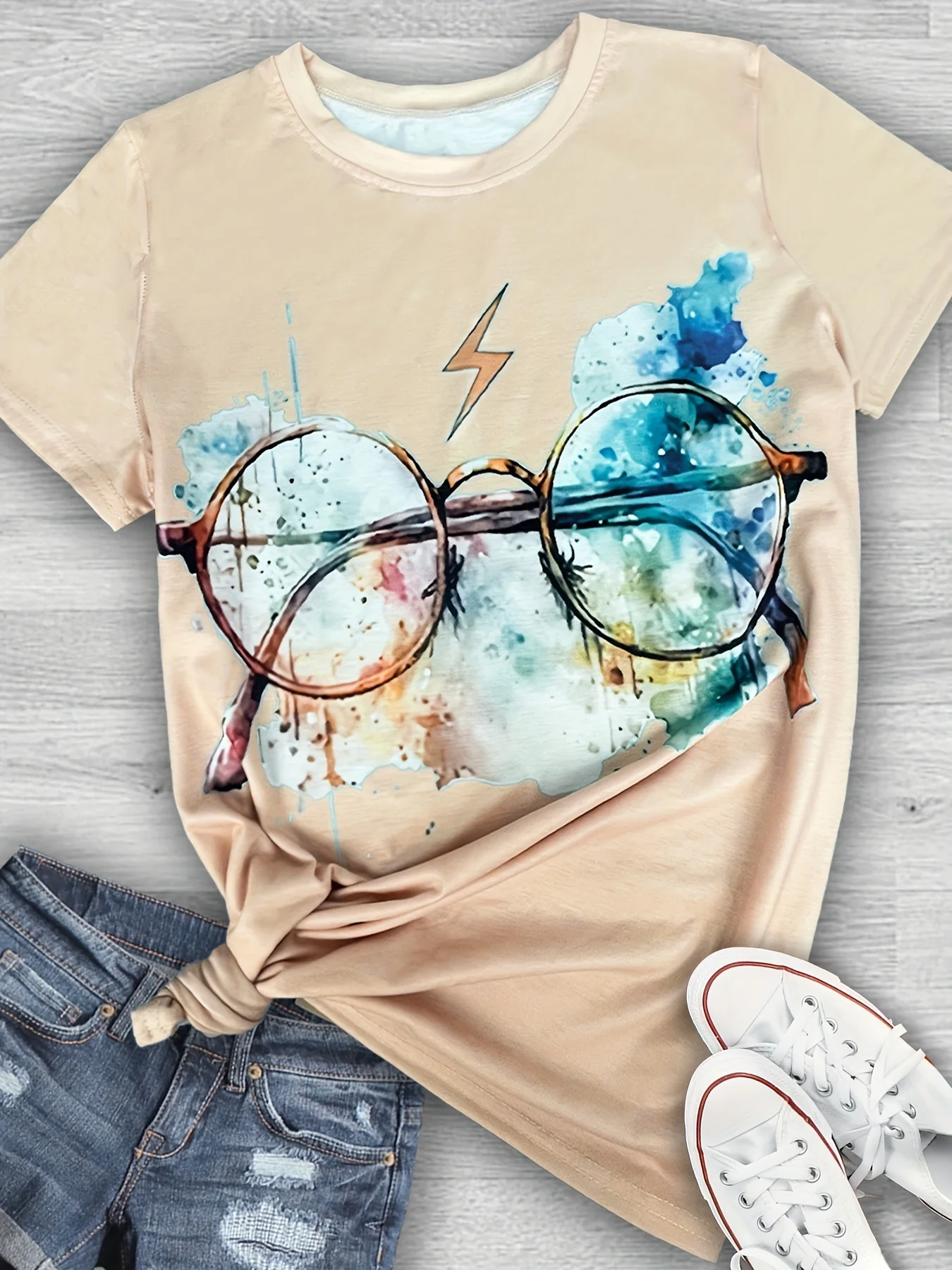 Creative new color ink painting glasses print women\'s round neck T-shirt Fashion trend design casual women\'s short-sleeved top