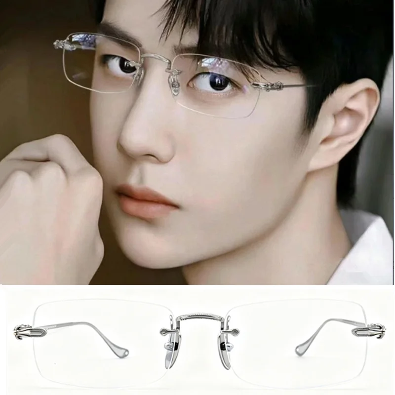 

Fashion Concise Retro-Vintage Gushhi Rimless Glasses Frame 55-19-143 Lightweight Pure-Titanium Business Rectangular Eyeglasses