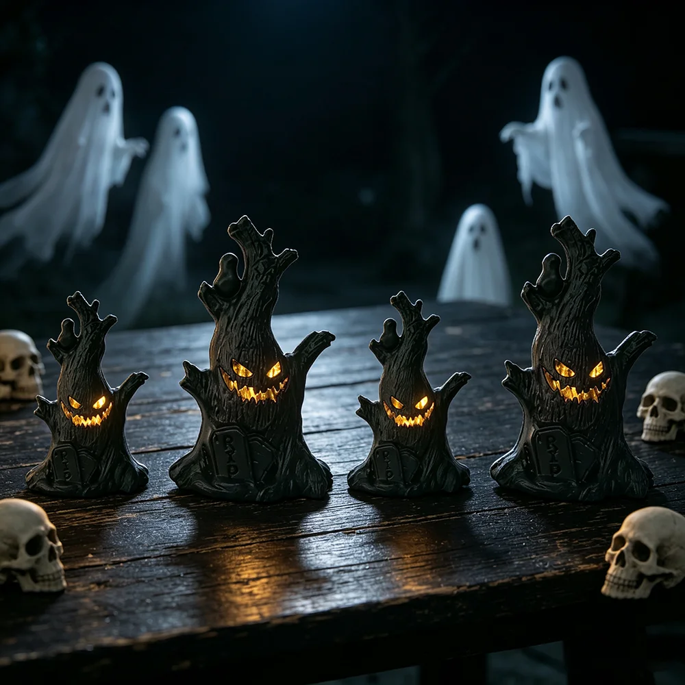 Halloween Glowing Withered Tree Night Light, Plastic Horror Face Ghost Tree Tombstone Design Atmosphere Desktop Courtyard Decor