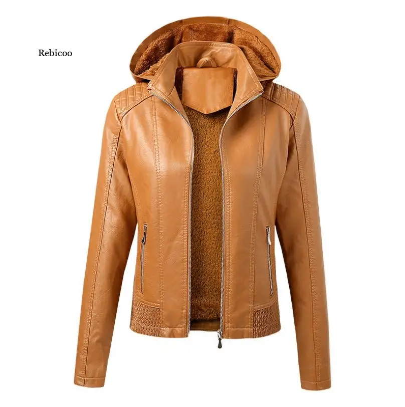 New Faux Pu Leather Jackets Women Autumn Hooded Outerwear Pockets Zipper Coat Slim Biker Jacket Hoodies Plus Velvet